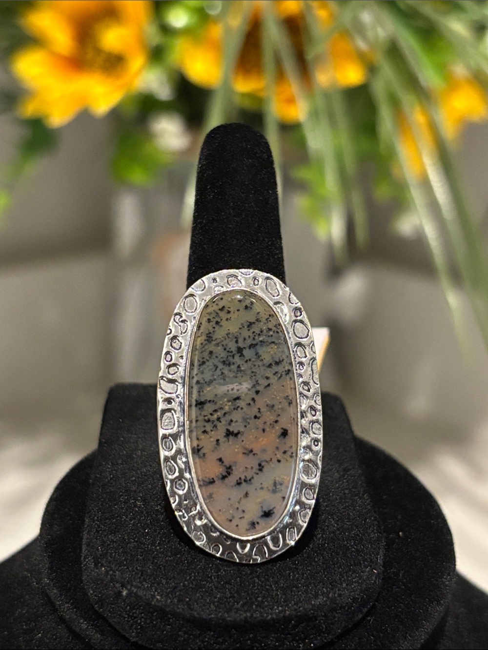 Silver Oval Honey Dendrite Opal Gemstone Statement Ring Size 9